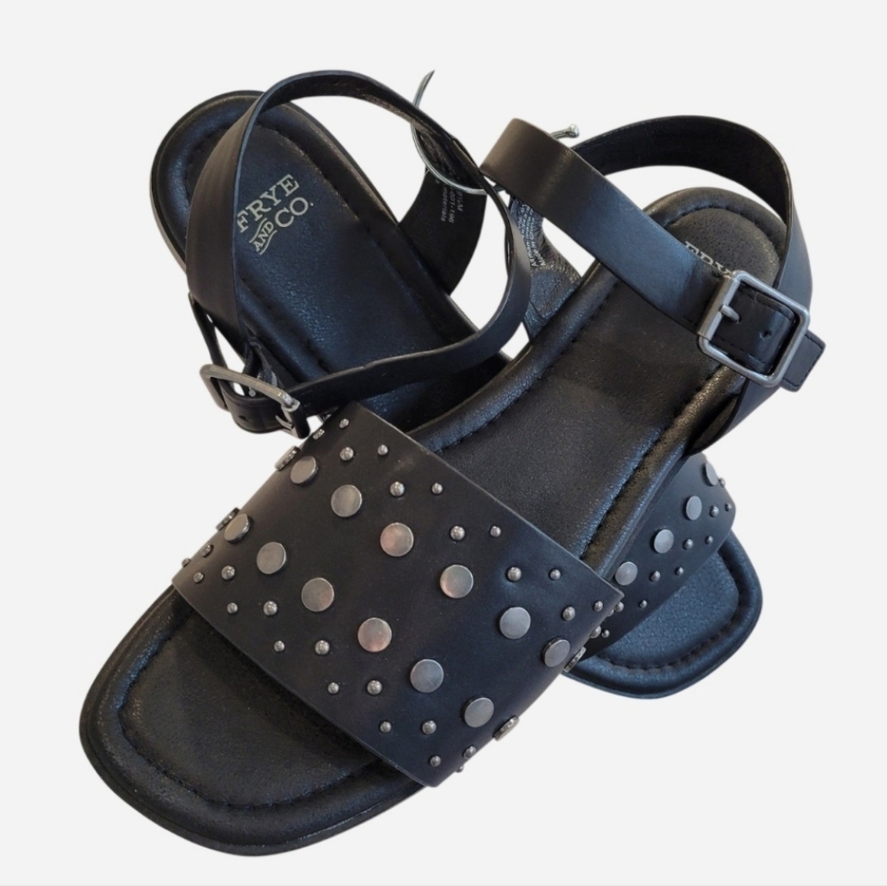 Frye and Co. Brooklyn Sandal Flats 9.5 Black Faux Leather Studs Ankle Strap